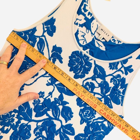 Milly Floral Jacquard Floral Fit Flare Dress Small Blue White Sleeveless Knit - Picture 12 of 15